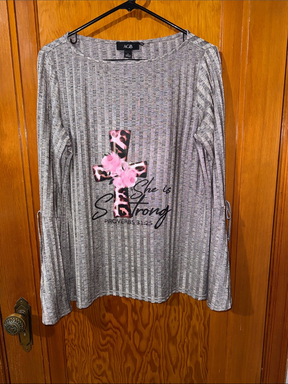 AGB Gray Ribbed Long-Sleeve Tee with Pink Leopard Cross